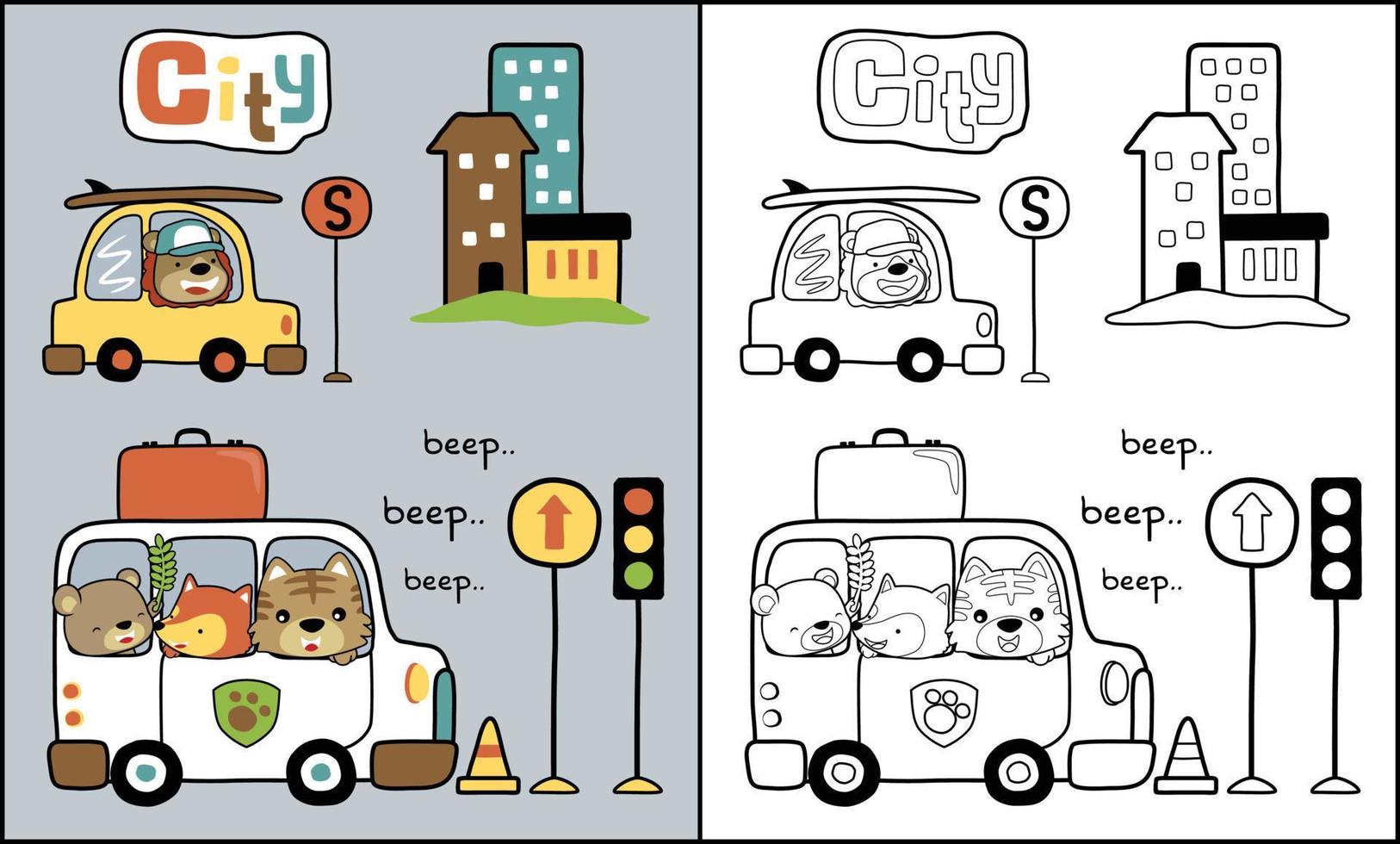 desenhos animados de animais no carro no trânsito da cidade, livro para colorir ou página vetor