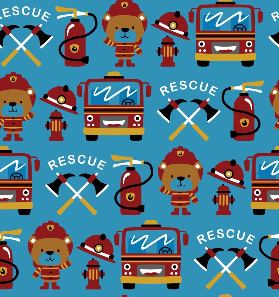 vetor de padrão perfeito de desenhos animados de elementos de bombeiro com urso engraçado em fantasia de bombeiro