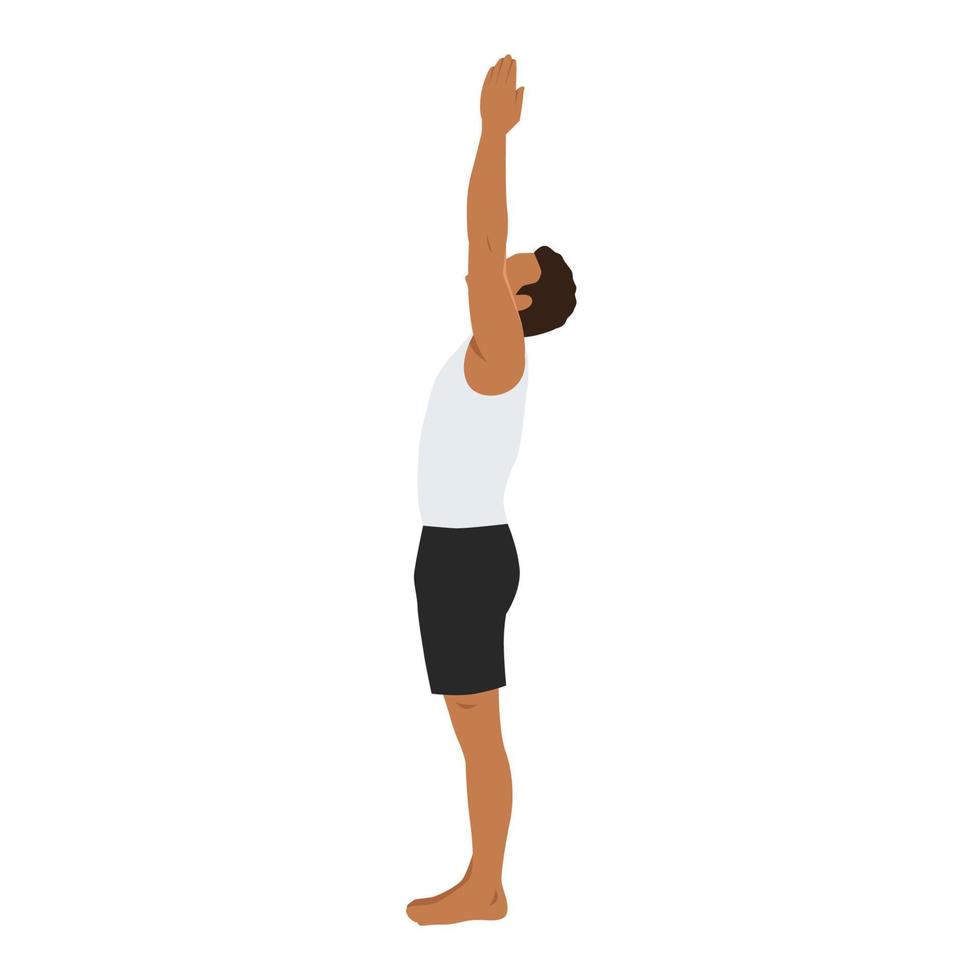 homem fazendo urdhva namaskarasana pose de ioga. em pé com o exercício upavishtha konasana. ilustração vetorial plana isolada no fundo branco vetor