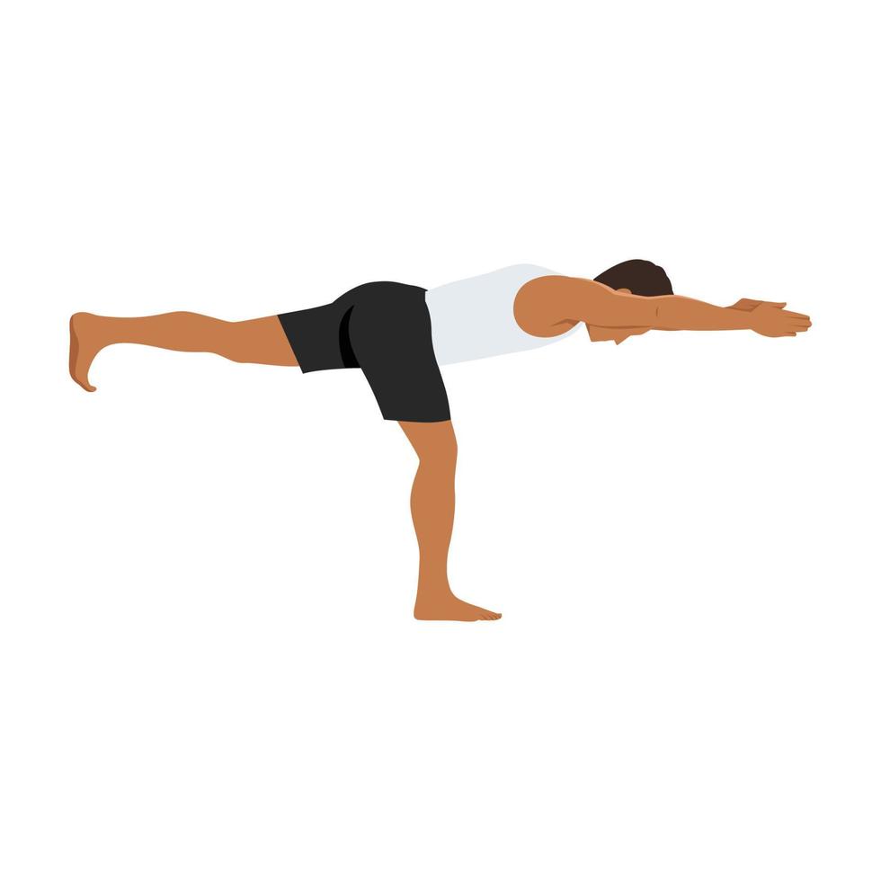 homem fazendo pose de guerreiro iii virabhadrasana iii exercício. ilustração vetorial plana isolada no fundo branco vetor