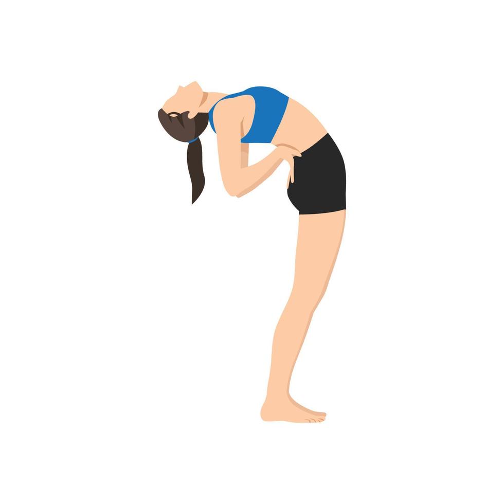 mulher fazendo backbend em pé. linda garota pratica anuvittasana. ilustração vetorial plana isolada no fundo branco vetor