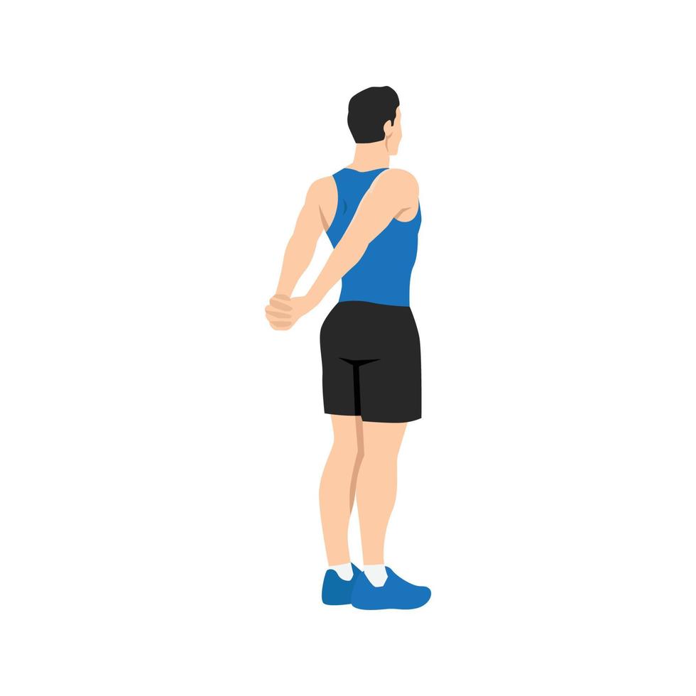 homem fazendo exercício de alongamento reverso do ombro. ilustração vetorial plana isolada no fundo branco vetor