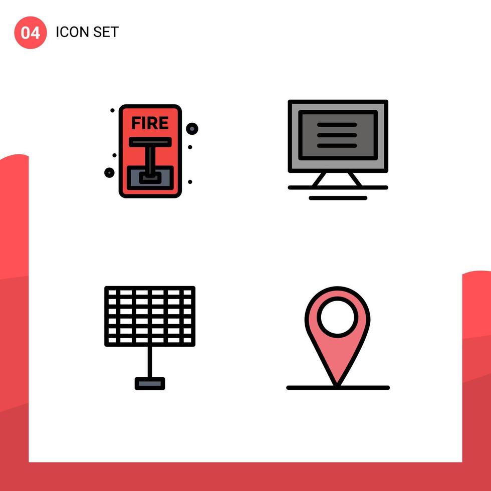 grupo de 4 sinais e símbolos de cores planas de linha preenchida para elementos de design de vetores editáveis de localização de hardware de incêndio solar de emergência
