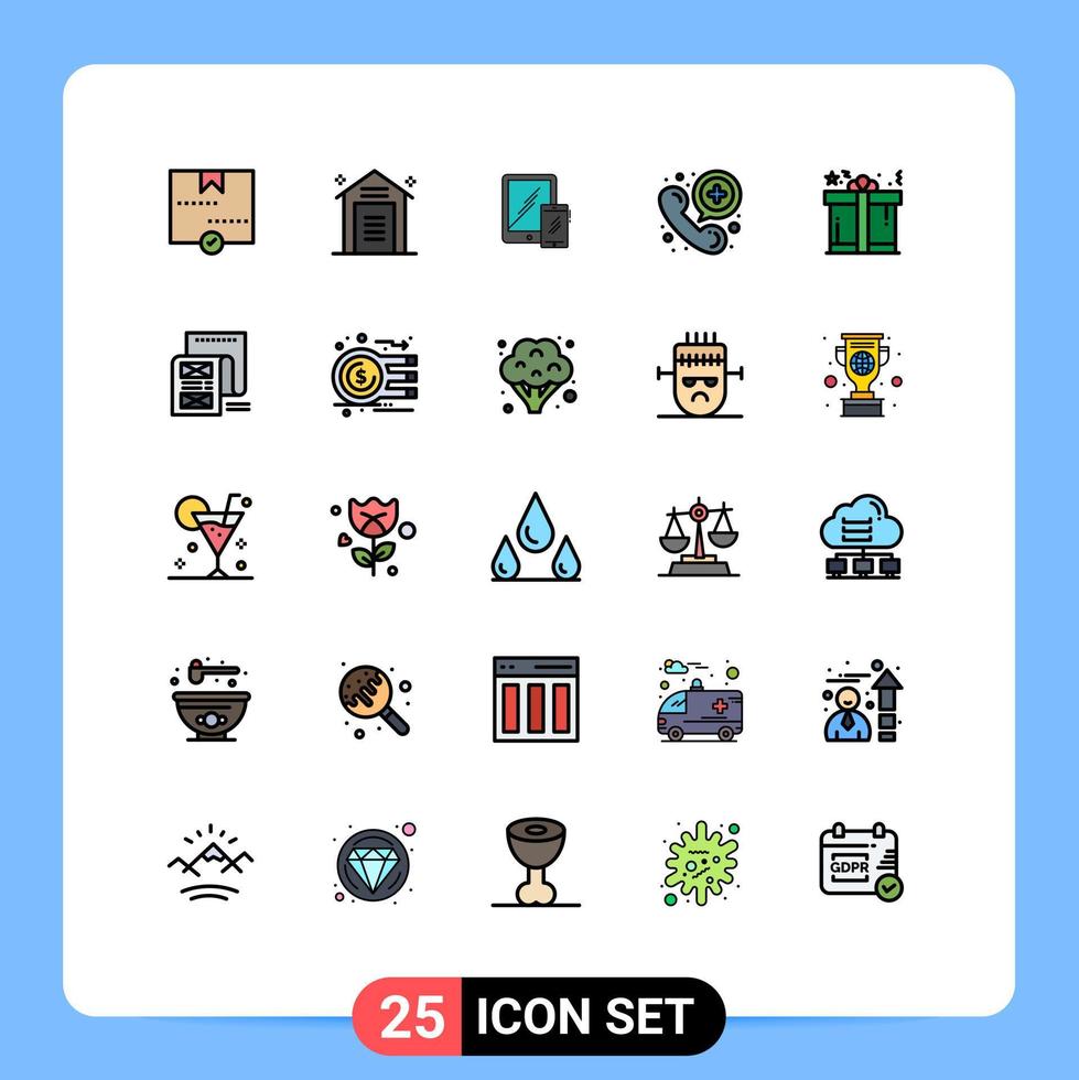 pacote de cores planas de linha preenchida de 25 símbolos universais de telefone de armazém de chamada médica elementos de design de vetores editáveis móveis