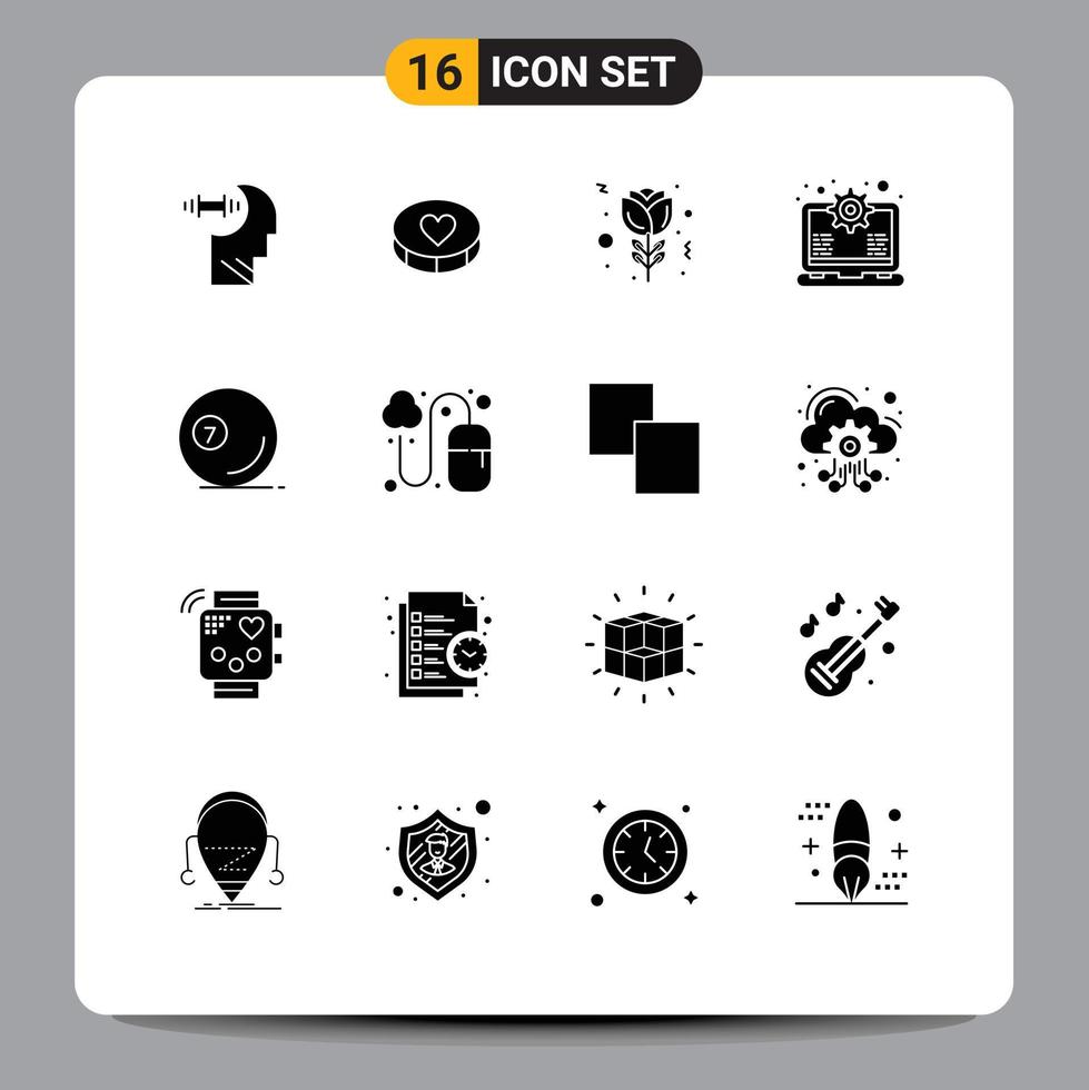 grupo de símbolos de ícone universal de 16 glifos sólidos modernos de suporte de flor de jogo esportivo laptop elementos de design de vetores editáveis