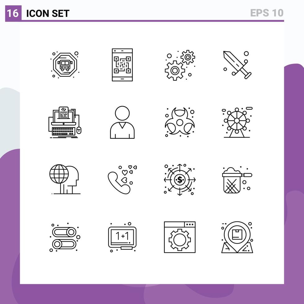 pacote de 16 sinais e símbolos de contornos modernos para mídia impressa na web, como codificação monobloco, máscara de código de engrenagens, elementos de design vetorial editáveis vetor