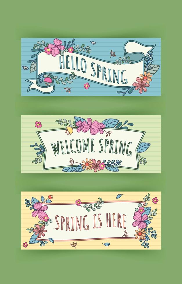 conjunto de banner de primavera bonito doodle vetor