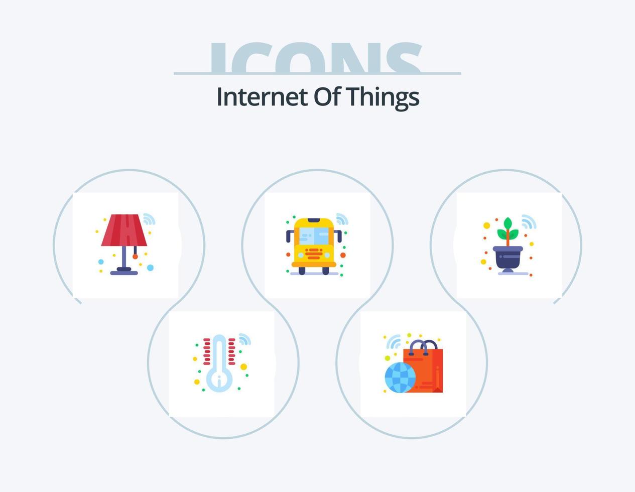 internet das coisas ícone plano pack 5 design de ícone. inteligente. plantar. lâmpada. transporte. público vetor