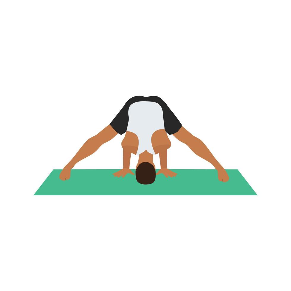 homem fazendo posição prasarita padottanasana. pose de curvatura para a frente de pernas largas. ilustração vetorial plana isolada no fundo branco vetor