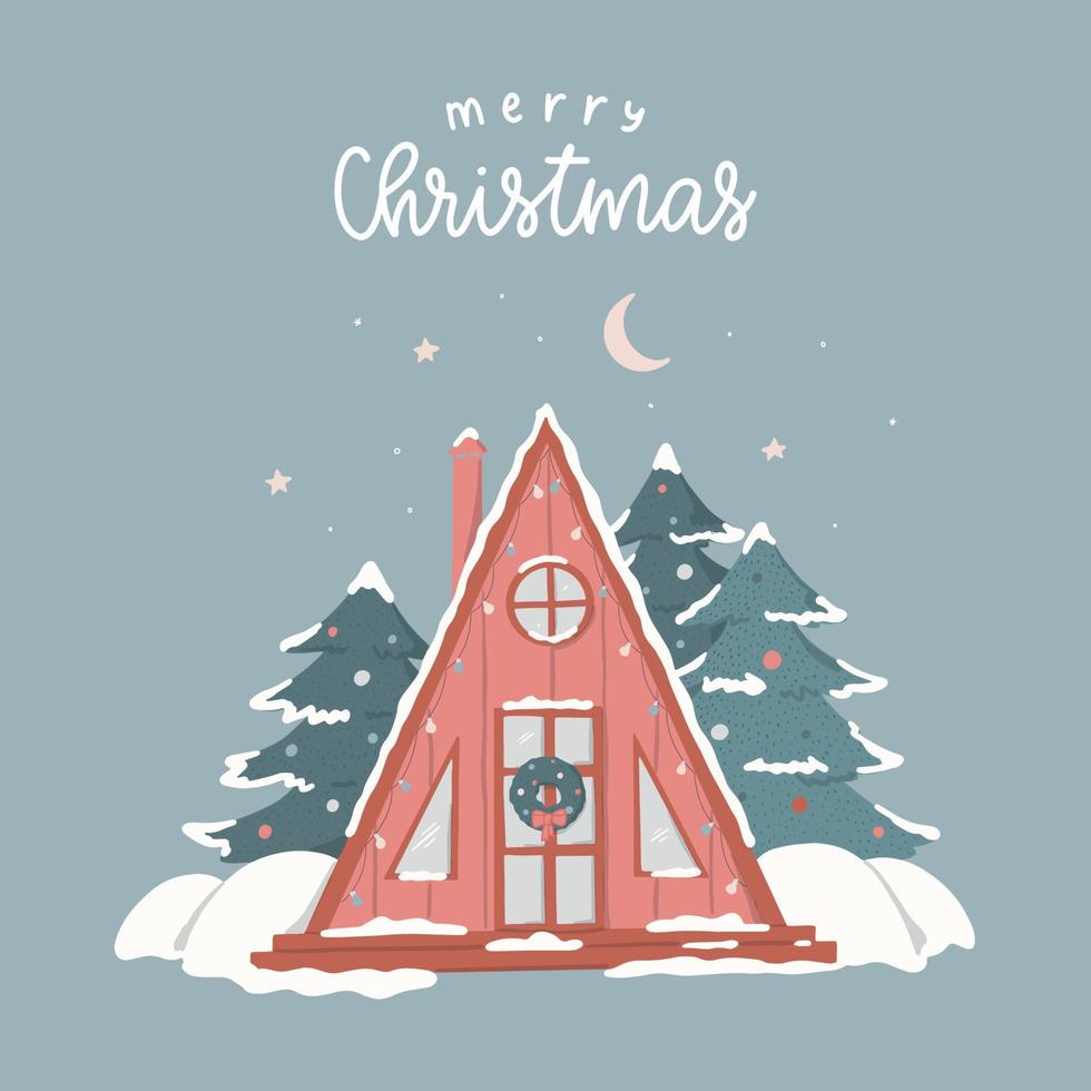 citação de letras de feliz natal decorada com casa de triângulo desenhada à mão e árvores. bom para cartazes, impressões, cartões, convites, adesivos, etc. eps 10 vetor