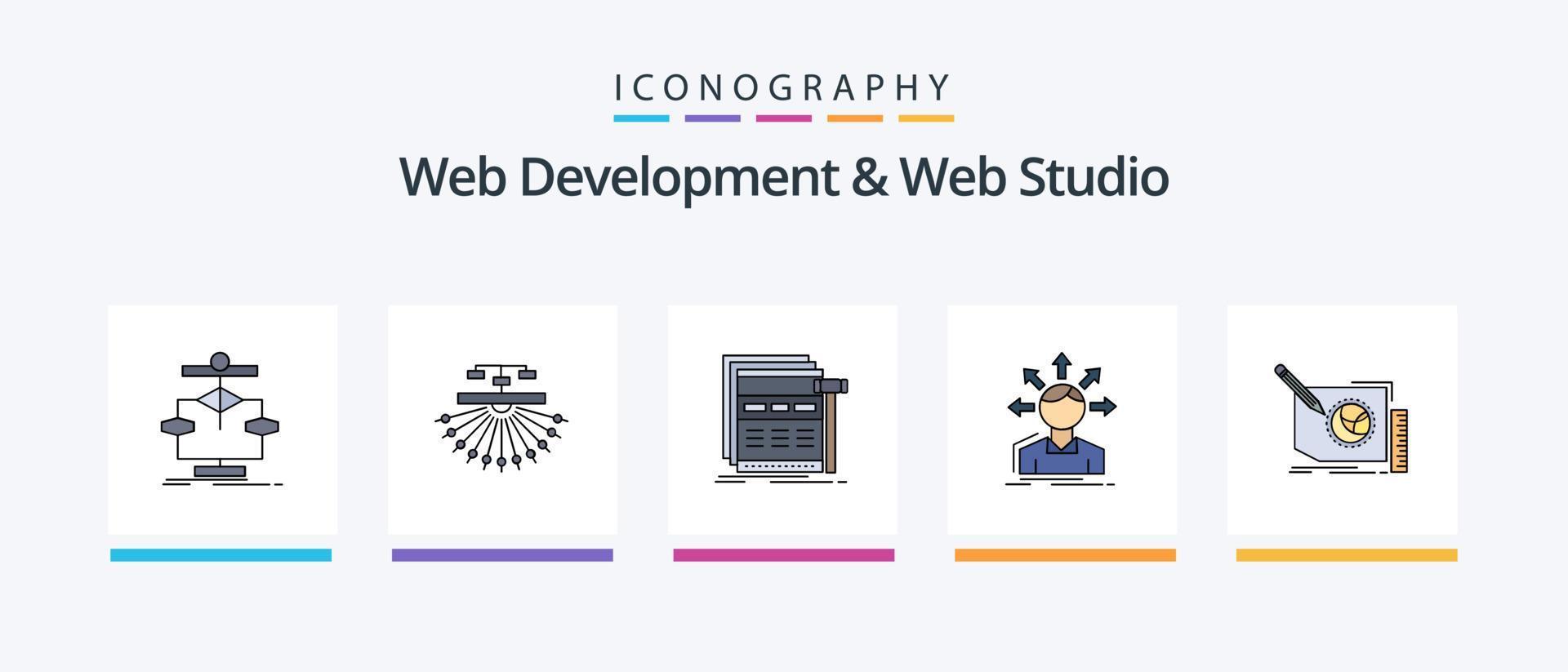 desenvolvimento web e linha de estúdio web cheio de 5 ícones incluindo quadro. contente. página da web. rede. local. design de ícones criativos vetor