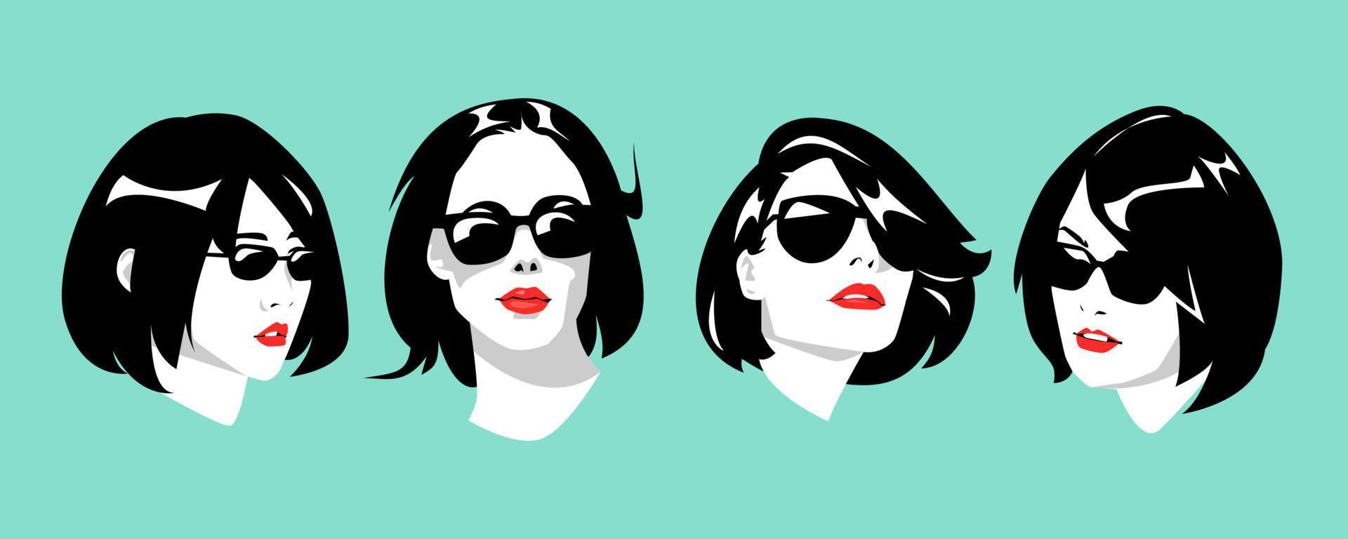 conjunto de ícones de retratos de lindas garotas de óculos e cabelo curto vetor