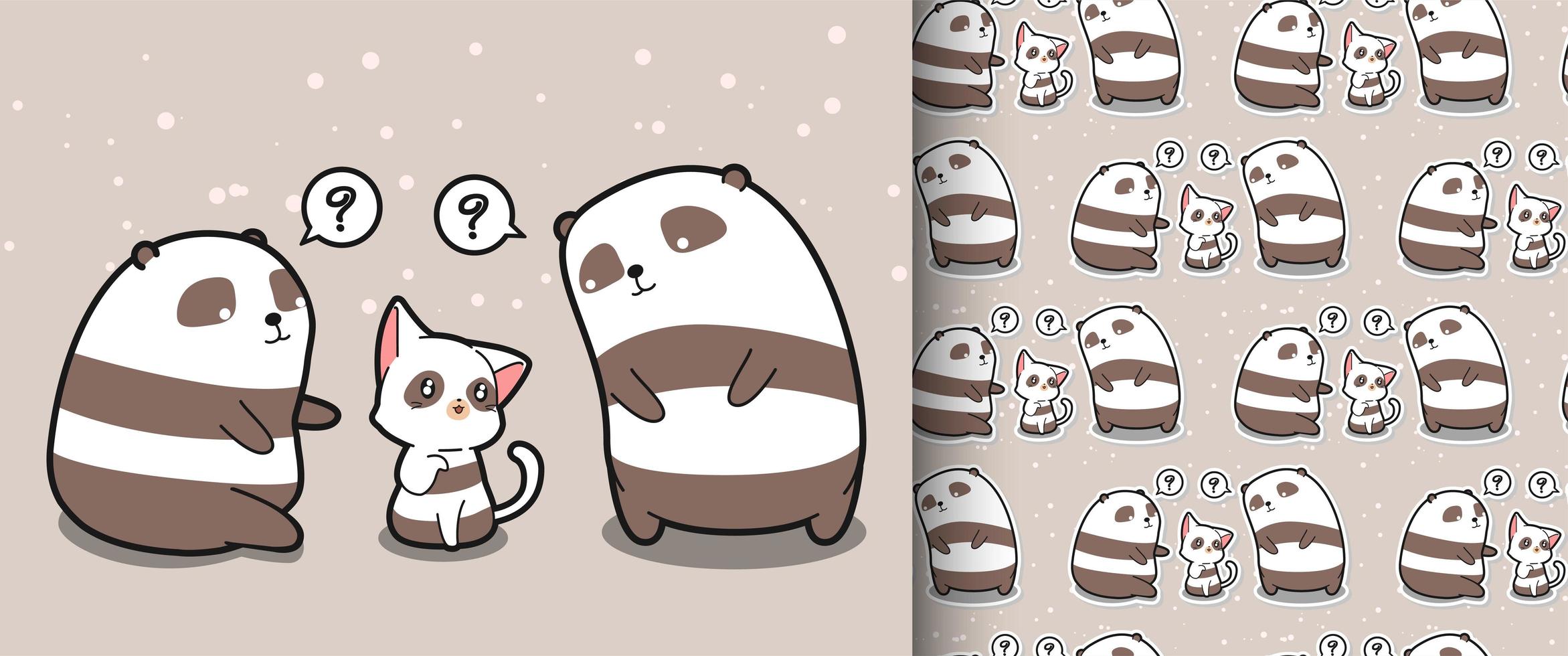 padrão perfeito de gato kawaii e 2 personagens panda vetor