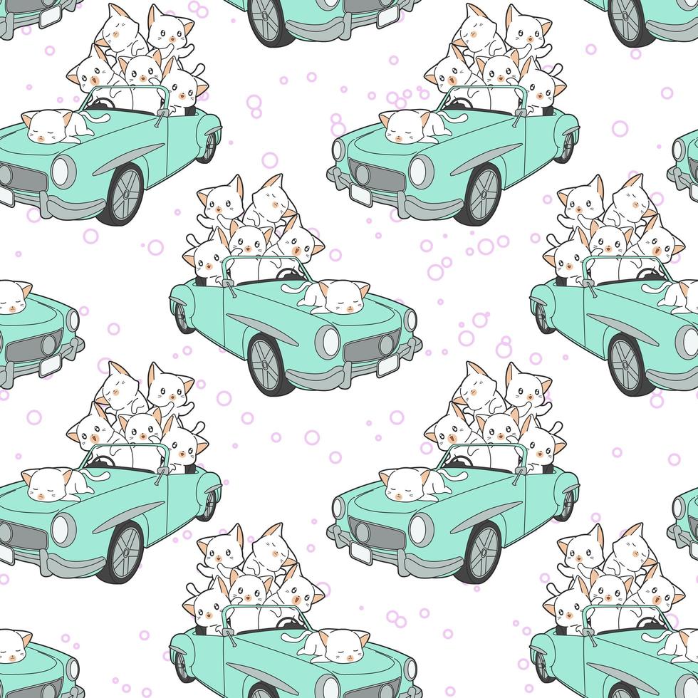 gatos kawaii desenhados sem costura em padrão de carro azul vetor