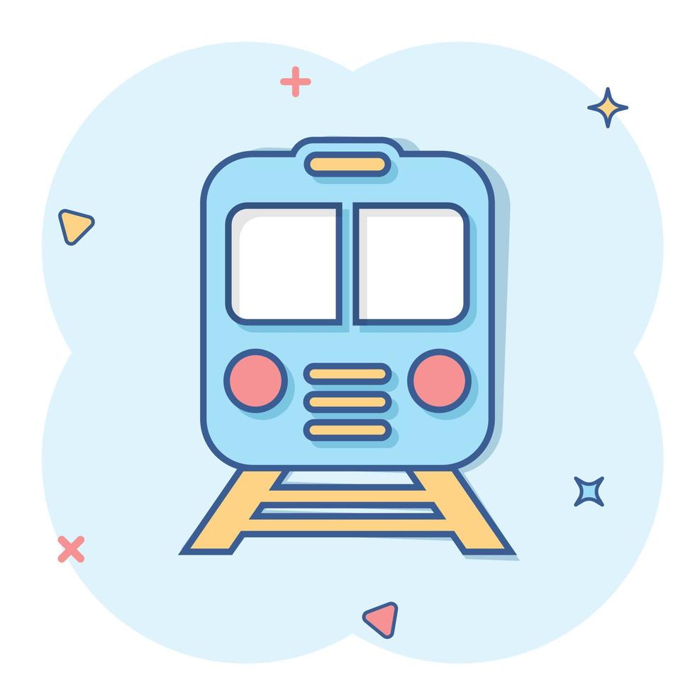 ícone do metrô em estilo cômico. ilustração em vetor trem metrô dos desenhos animados no fundo branco isolado. conceito de negócio de efeito de respingo de carga ferroviária.