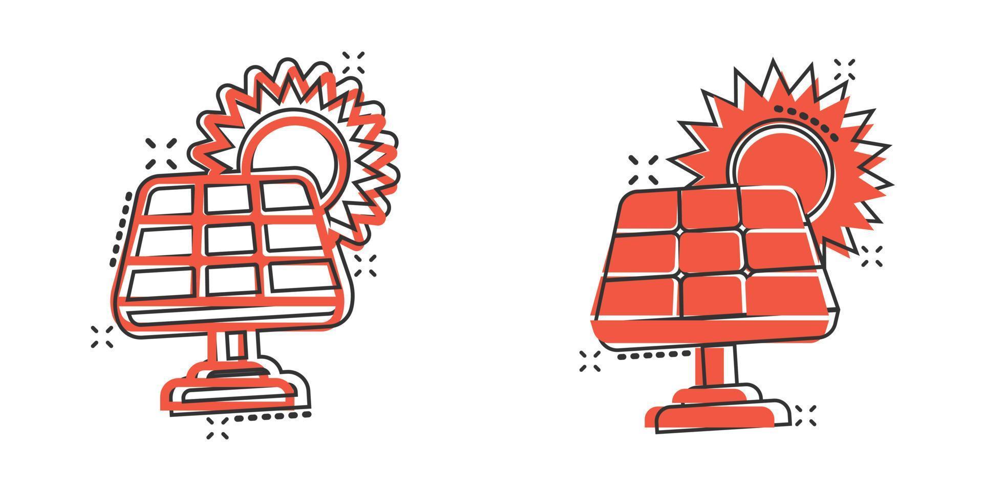ícone do painel solar em estilo cômico. ilustração em vetor ecologia energia dos desenhos animados no fundo branco isolado. conceito de negócio de sinal de efeito de respingo de eletricista.