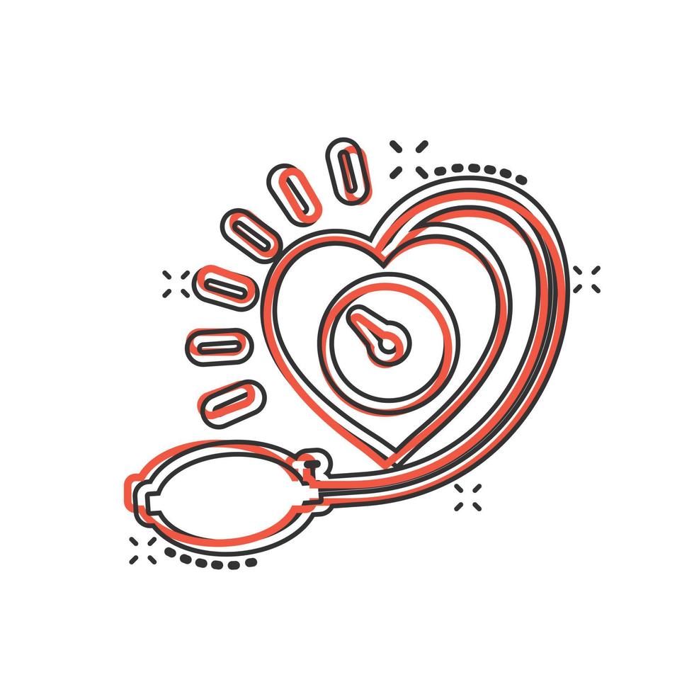 ícone de pressão arterial em estilo cômico. ilustração em vetor cartoon monitor de batimentos cardíacos em fundo isolado. conceito de negócio de sinal de efeito de respingo de diagnóstico de pulso.