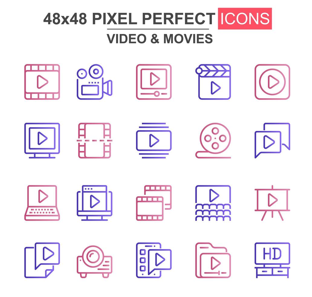 conjunto de ícones de linha fina de vídeo e filmes vetor