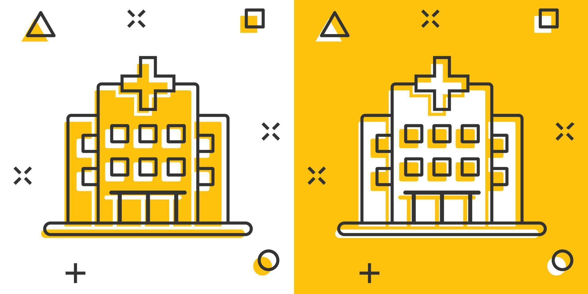 ícone de construção de hospital em estilo cômico. ilustração em vetor clínica médica dos desenhos animados no fundo isolado. conceito do negócio do sinal do efeito do respingo da medicina.