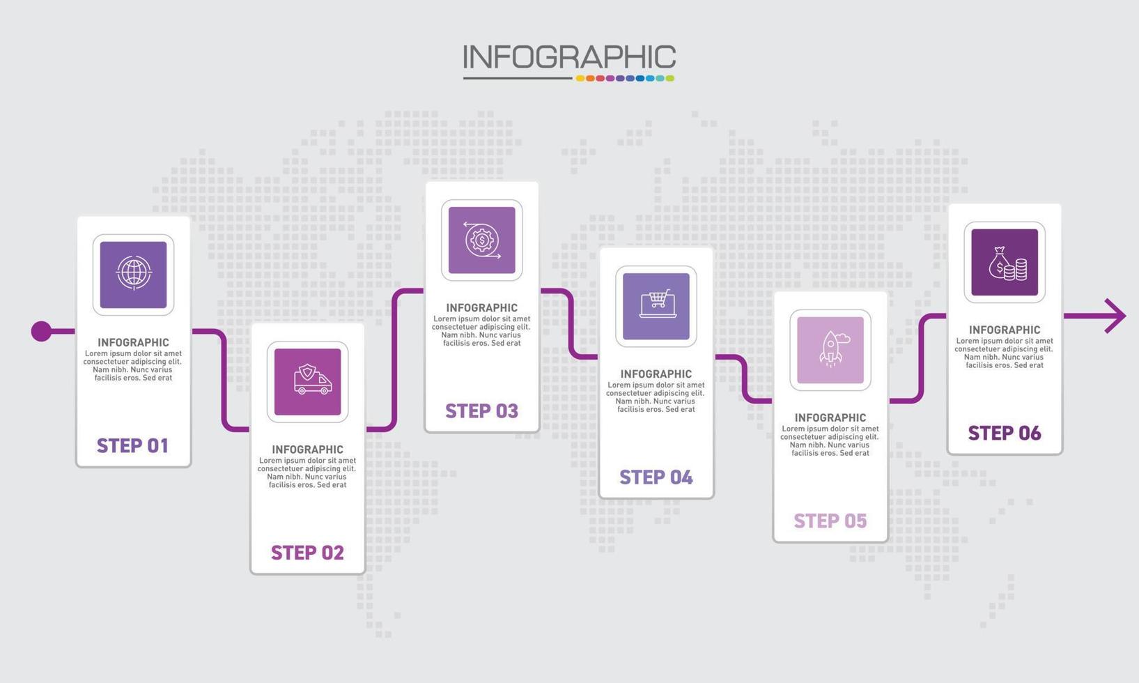 design de infográficos 6 etapas com ícones de marketing podem ser usados para layout de fluxo de trabalho, diagrama, relatório anual, web design. vetor