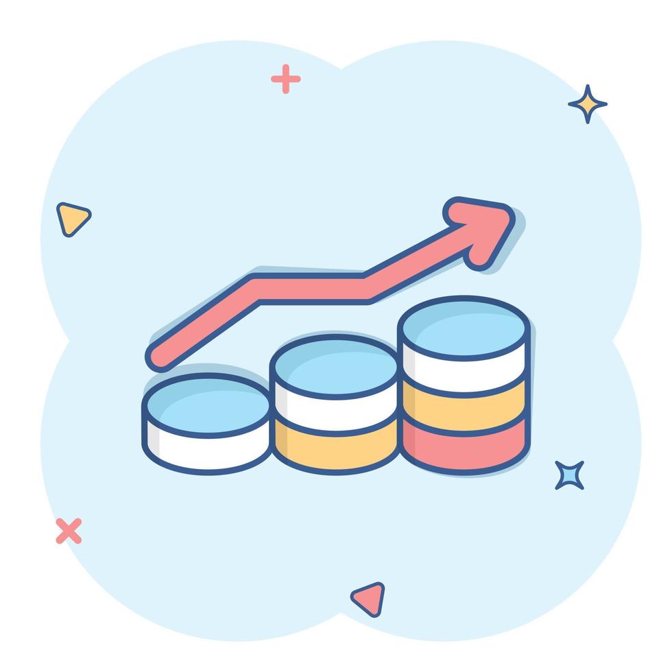 ícone de aumento da taxa de renda em estilo cômico. ilustração em vetor desempenho financeiro dos desenhos animados no fundo branco isolado. moeda com conceito de negócio de efeito de respingo de seta de crescimento.