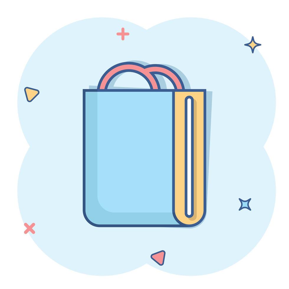 ícone de sacola de compras em estilo cômico. ilustração em vetor sinal bolsa dos desenhos animados no fundo branco isolado. conceito de negócio de efeito de respingo de pacote.