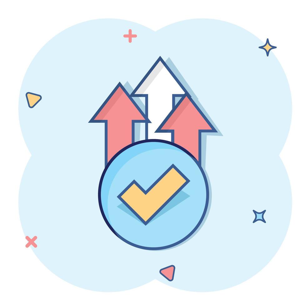 ícone de verificação de seta de crescimento em estilo cômico. ilustração em vetor desenhos animados de aprovação de receita em fundo branco isolado. aumentar o conceito de negócio de efeito splash ok.