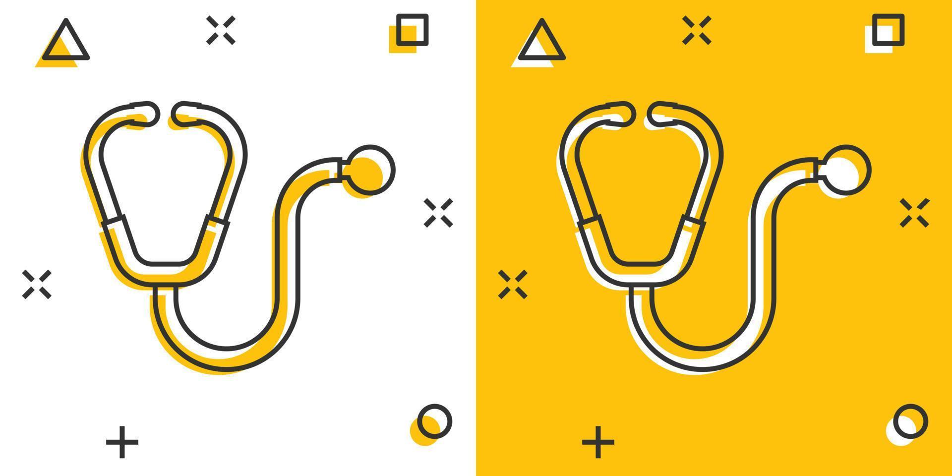 ícone de estetoscópio em estilo cômico. ilustração em vetor coração diagnóstico dos desenhos animados no fundo isolado. conceito do negócio do sinal do efeito do respingo da medicina.