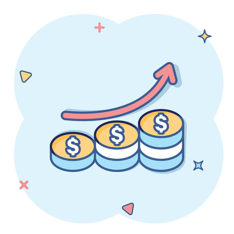 ícone de aumento da taxa de renda em estilo cômico. ilustração em vetor desempenho financeiro dos desenhos animados no fundo branco isolado. moeda com conceito de negócio de efeito de respingo de seta de crescimento.