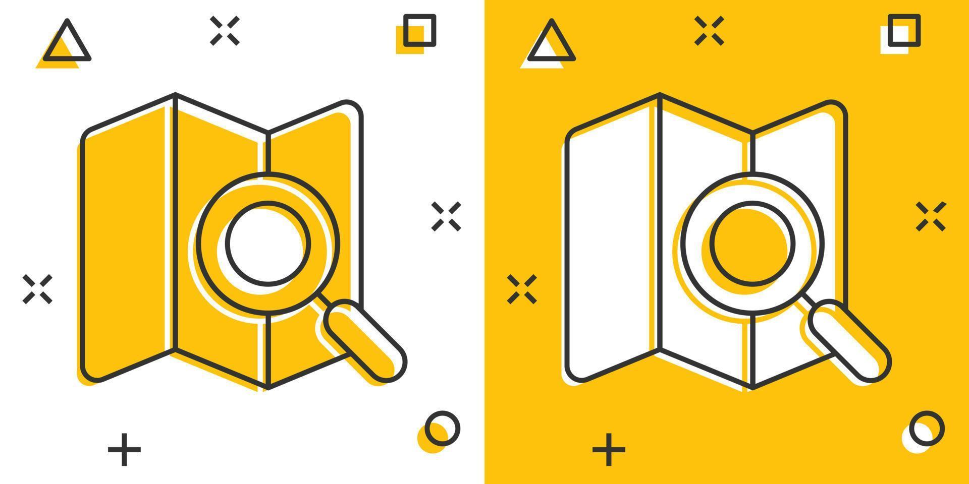 mapa com ícone de lupa em estilo cômico. navegação gps cartoon ilustração vetorial sobre fundo branco isolado. localize o conceito de negócio de efeito de respingo de posição. vetor