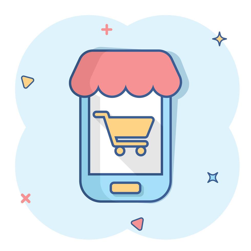 ícone de compras online em estilo cômico. ilustração dos desenhos animados do vetor da loja do smartphone no fundo branco isolado. efeito de respingo de conceito de negócio de mercado.