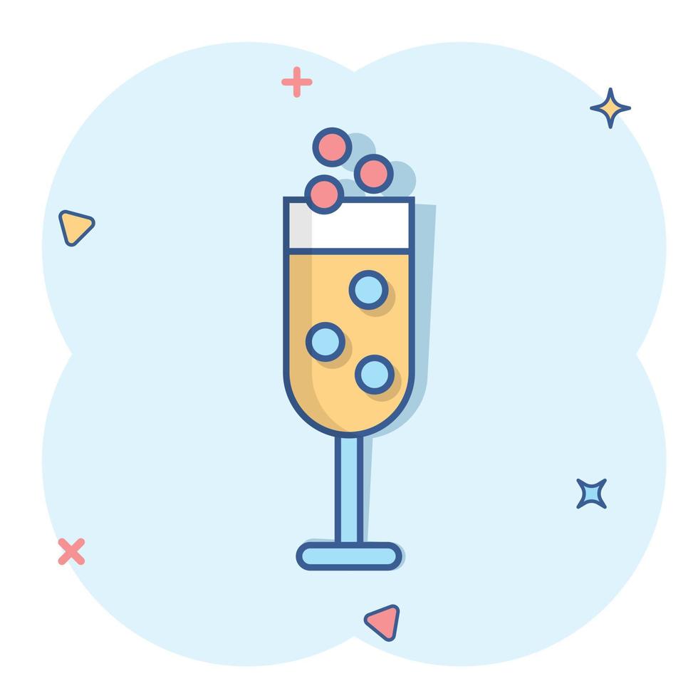ícone de taça de champanhe em estilo cômico. álcool bebida vector cartoon ilustração sobre fundo branco isolado. conceito de negócio de efeito de respingo de coquetel.