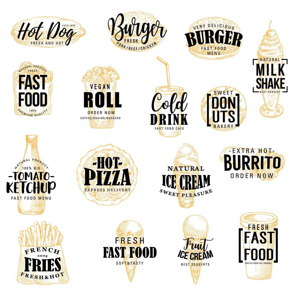 ícones de fast-food com letras vetor