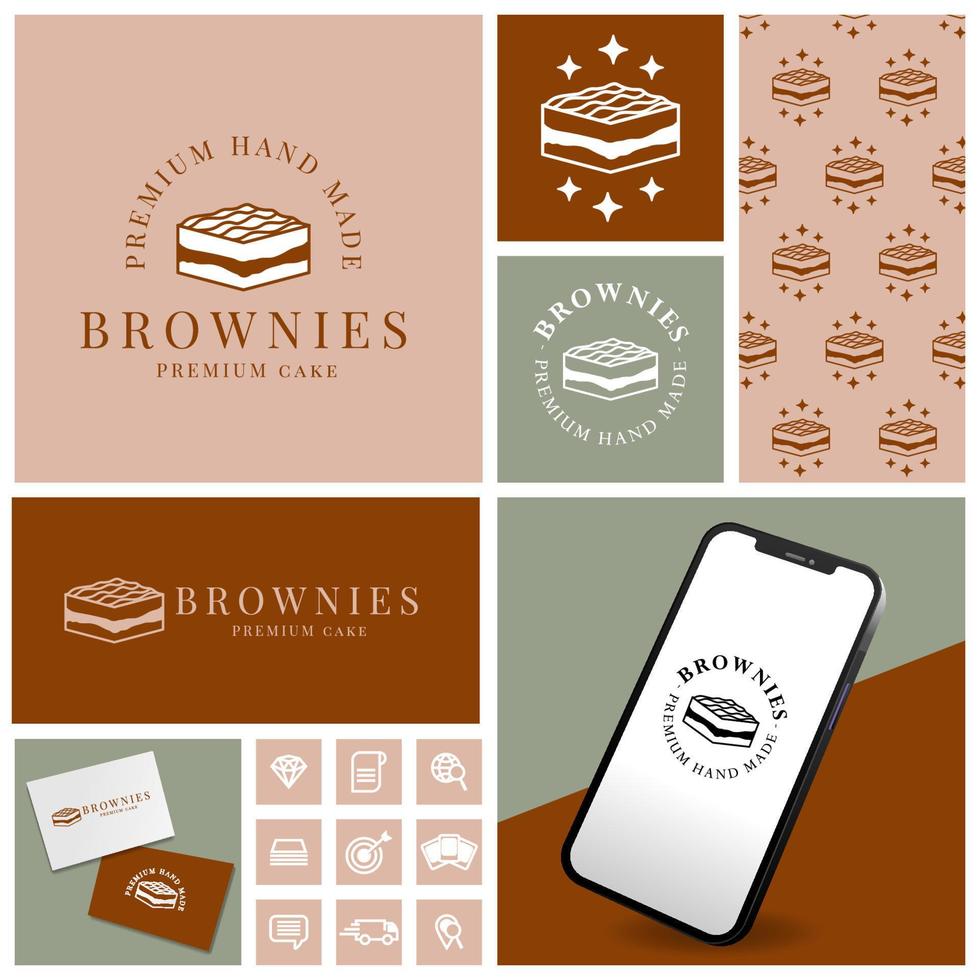 logotipo de brownies de bolo elegante com conjunto de ícone e modelo vetor