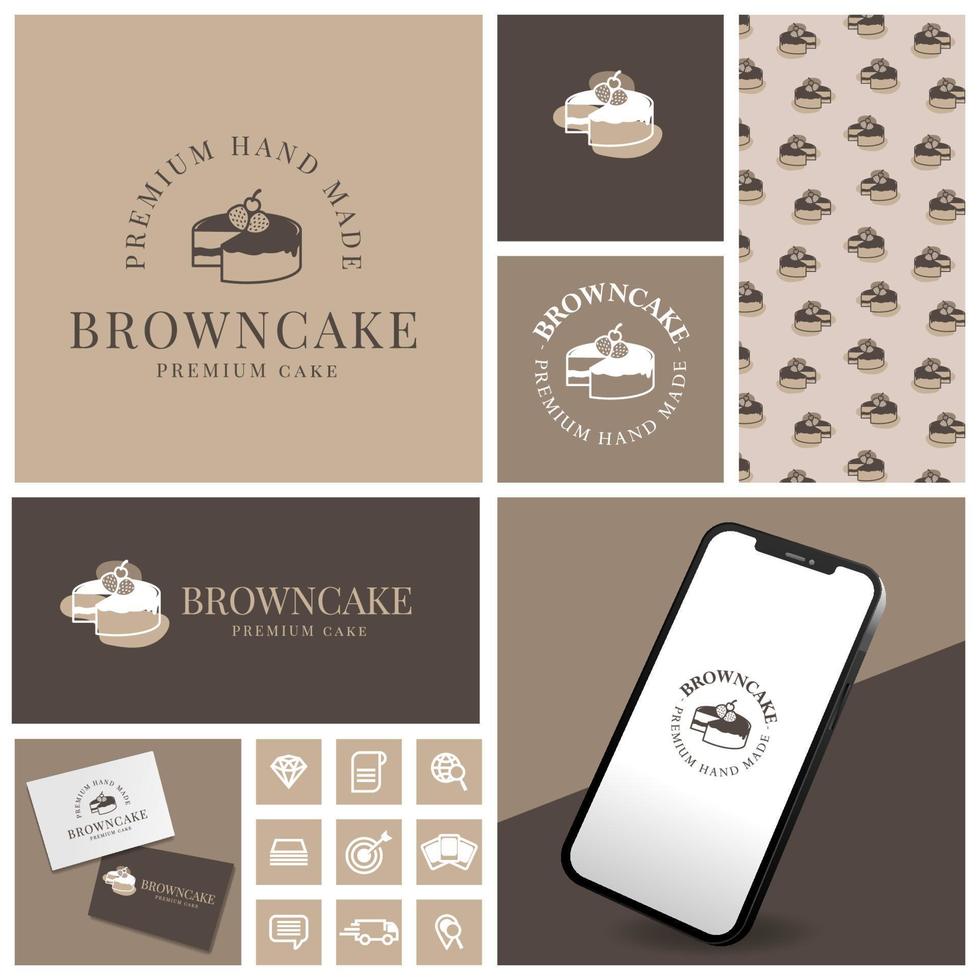 logotipo de brownies de bolo elegante com conjunto de ícone e modelo vetor