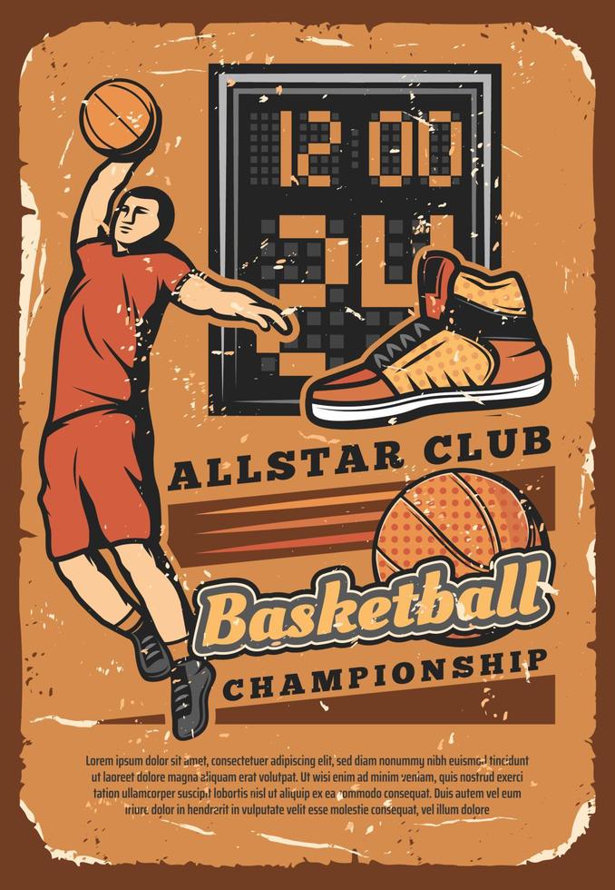 cartaz de grunge do campeonato da liga do clube de basquete vetor