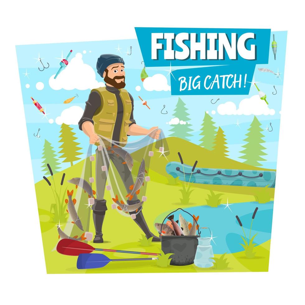 cartaz de desenhos animados de captura de peixe grande de pesca e pescador vetor