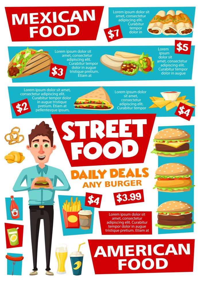 menu de lanches de fast food e comida de rua vetor