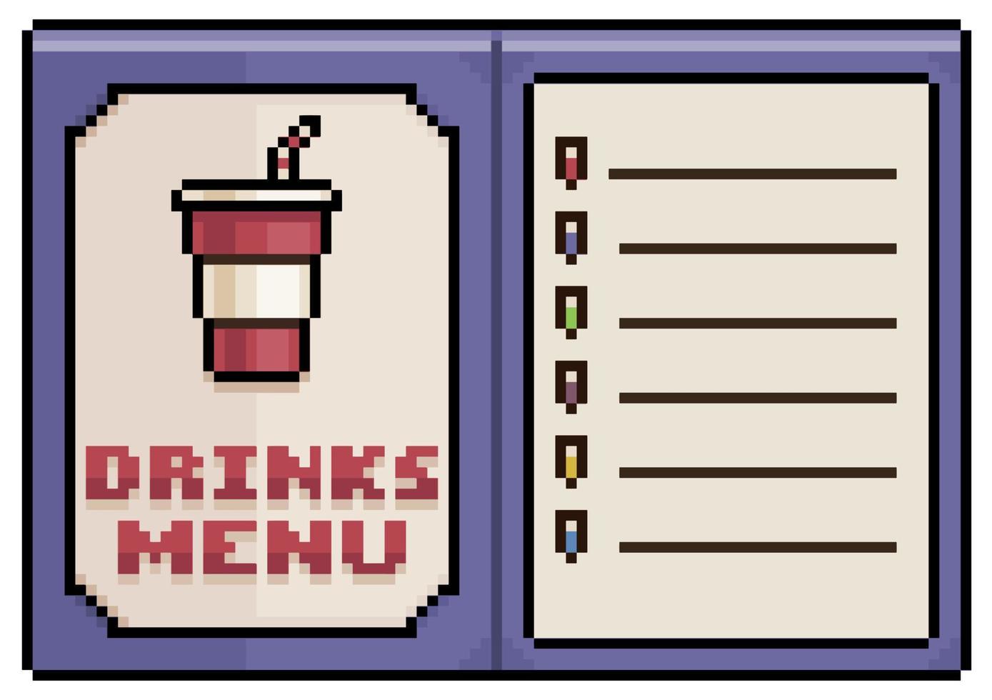 menu de bebida de pixel art, ícone de vetor de menu de papel aberto para jogo de 8 bits em fundo branco
