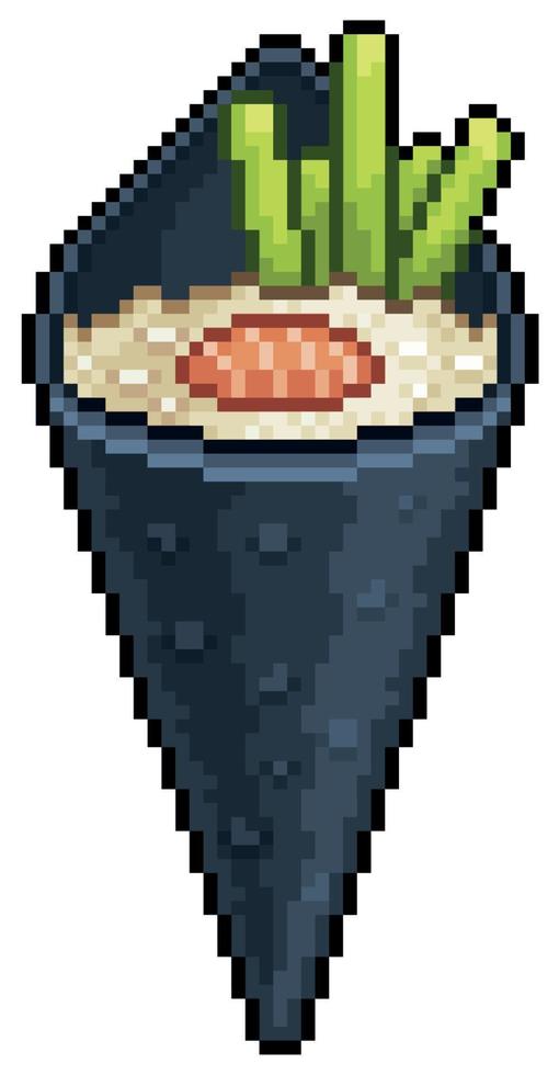 pixel art temaki sushi, ícone de vetor de comida japonesa para jogo de 8 bits em fundo branco