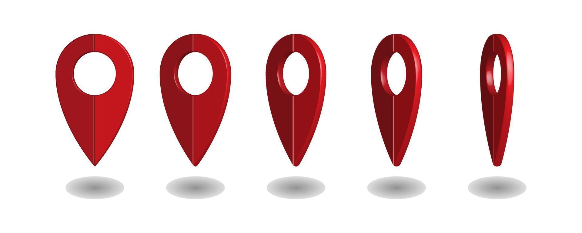 pinos de mapa 3d. formas vetoriais de ponto de localização em branco para mapas e aplicativos de navegação, marcadores de geolocalização vermelhos, ícones de marcadores de lugar, símbolos de mapeamento e interesses de viajantes vetor