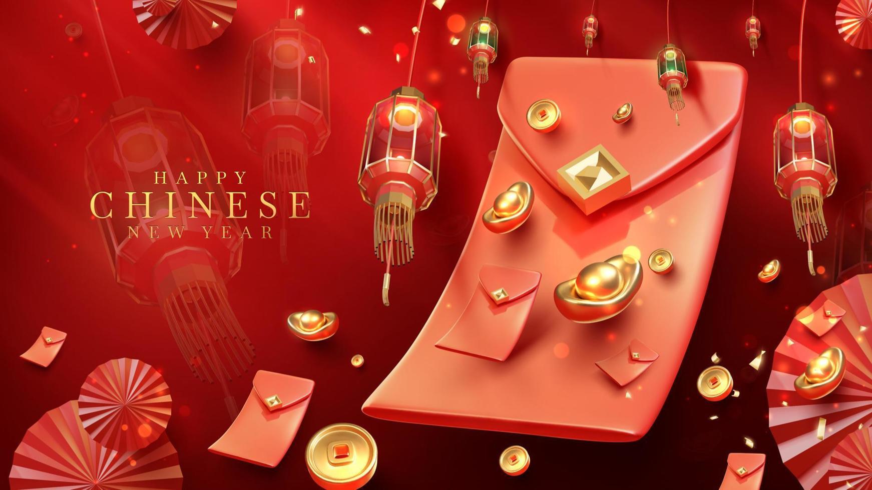 fundo de estilo de luxo vermelho com ornamentos 3d realistas do ano novo chinês com decorações de efeito de luz e bokeh. vetor