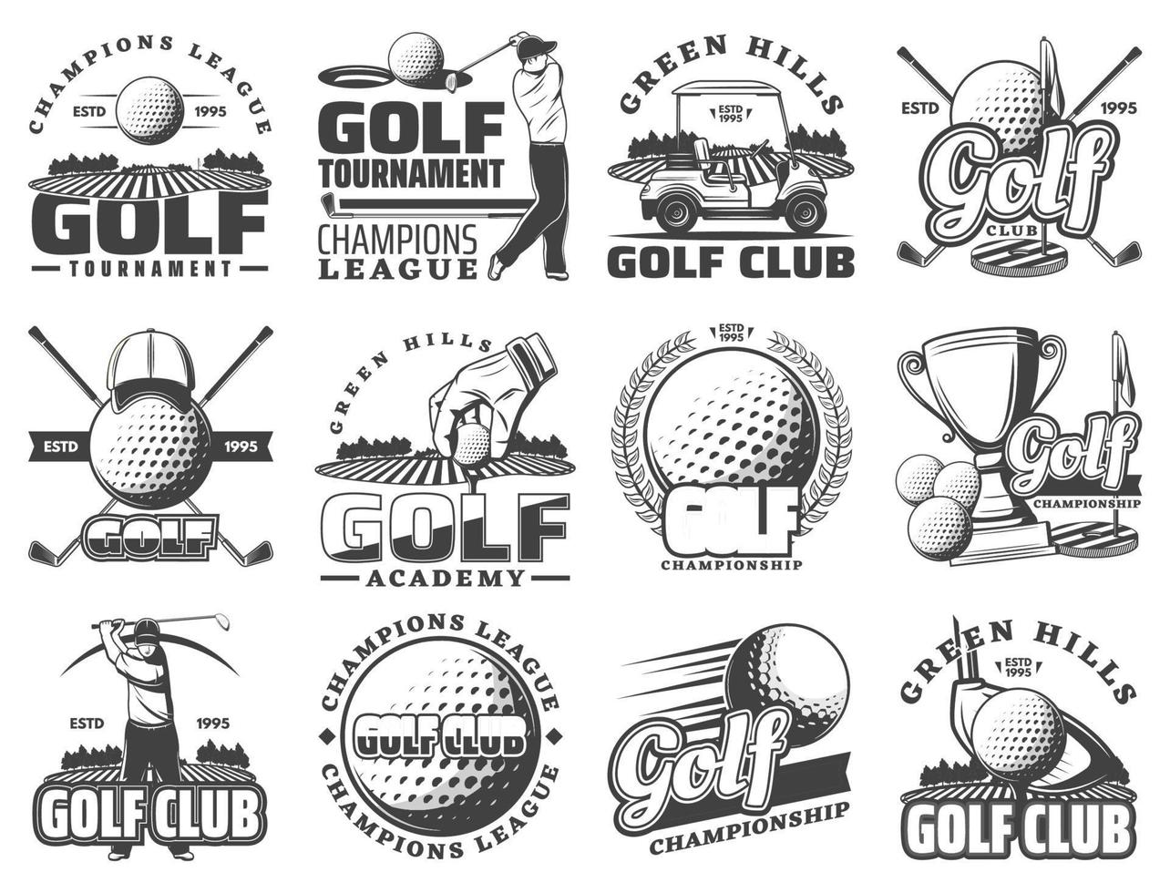 ícones e símbolos de vetor de jogo de esporte de golfe