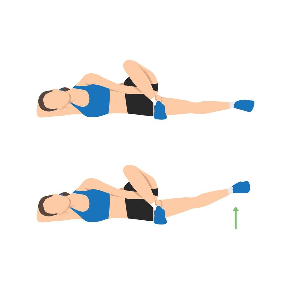 mulher fazendo exercício de levantamento de perna cruzada deitado em 2 etapas. ilustração sobre diagrama de treino para alongamento de músculos, perna, coisa, quadril. ilustração vetorial plana isolada no fundo branco vetor