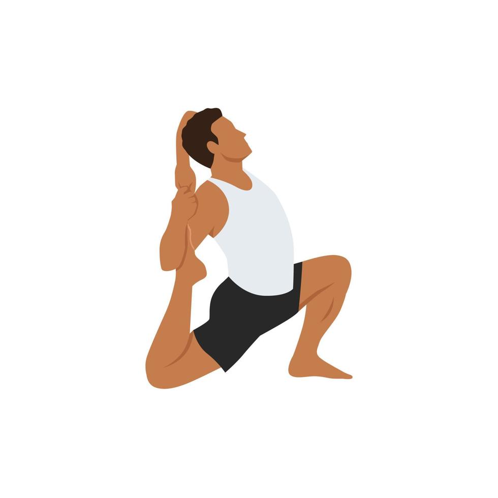 homem fazendo pose de pombo rei de um pé, pose de pombo rei de uma perna ou prática de pose de sereia eka pada rajakapotasana. ilustração vetorial plana isolada no fundo branco vetor