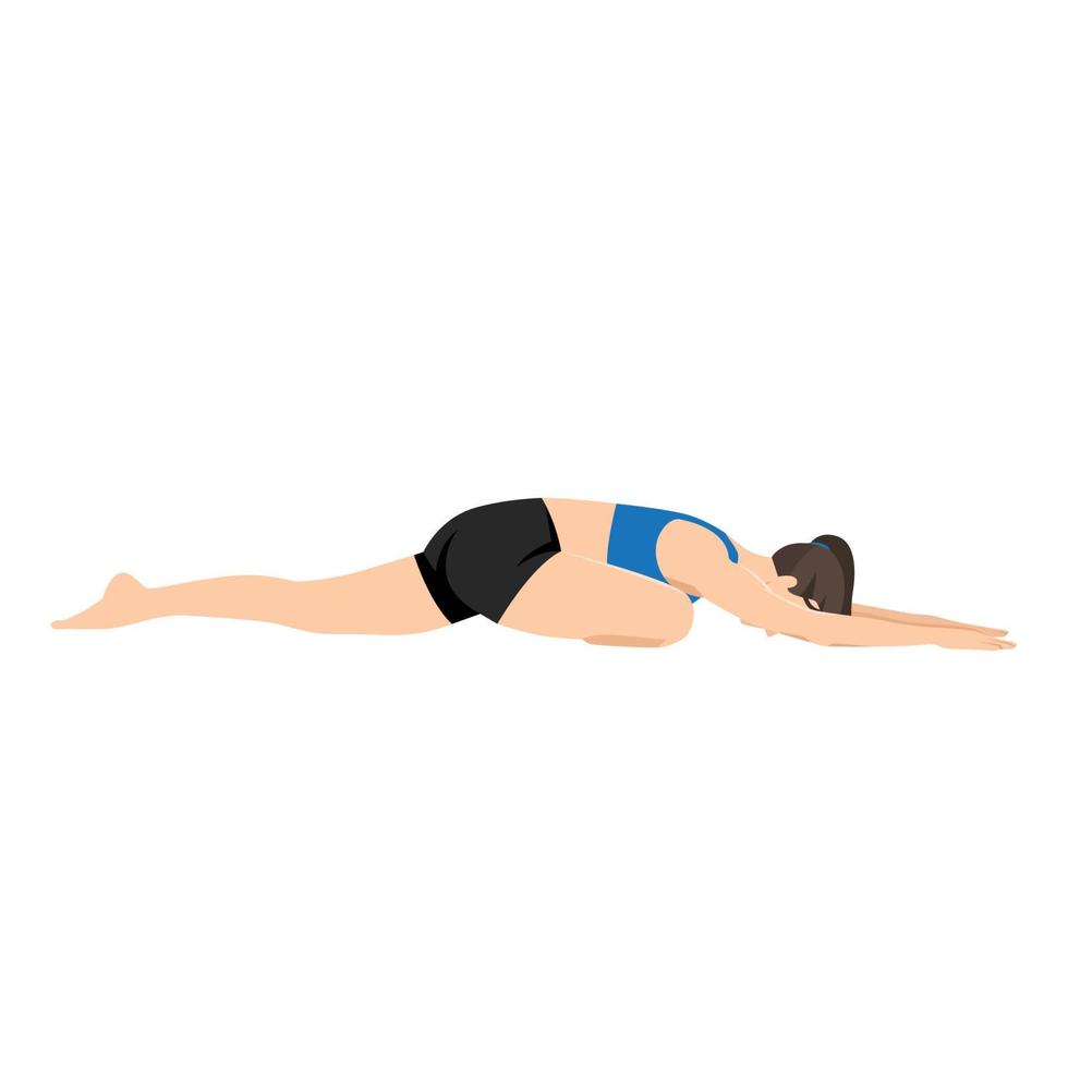 pose de pombo jovem curva para a frente, pose de cisne dormindo. praticar kapotasana 2. ilustração vetorial plana isolada no fundo branco vetor