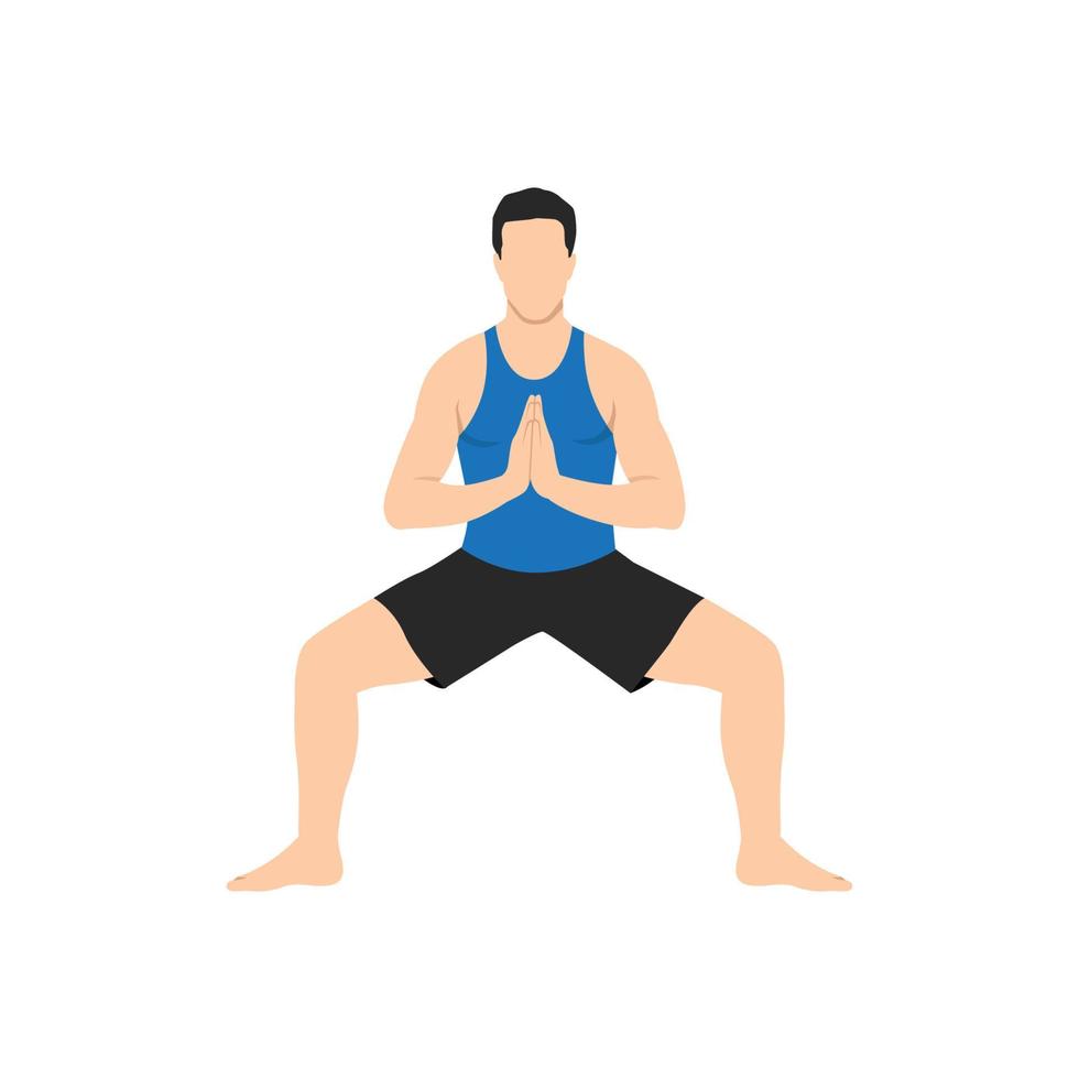 homem fazendo pose de deusa mãos de oração, mãos de oração de pose de ângulo feroz, mãos de oração de pose de agachamento de vitória, prática utkata konasana mãos de namaste. ilustração vetorial plana isolada no fundo branco vetor