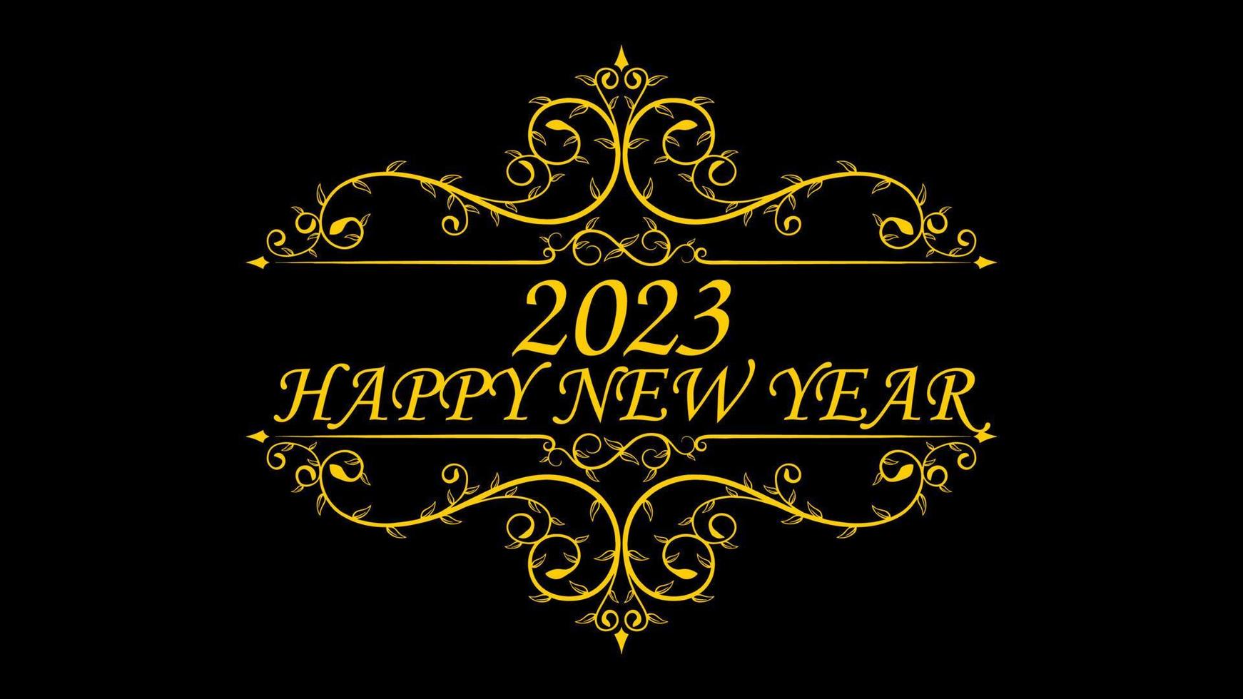 feliz ano novo 2023. texto amarelo com ornamento floral isolado em um fundo preto. adequado para cartão, banner, cartaz vetor
