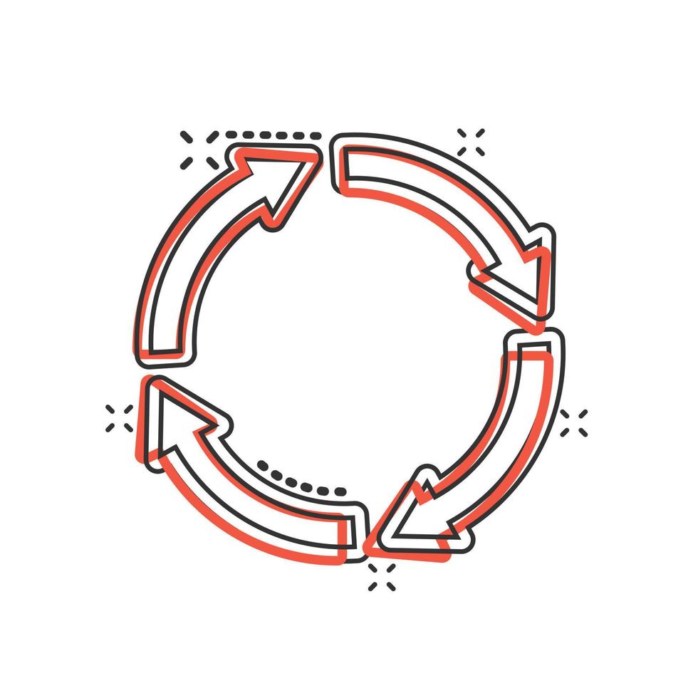 ícone de reciclagem em estilo cômico. reutilize a ilustração vetorial dos desenhos animados em fundo branco isolado. conceito de negócio de sinal de efeito de respingo de reciclagem. vetor