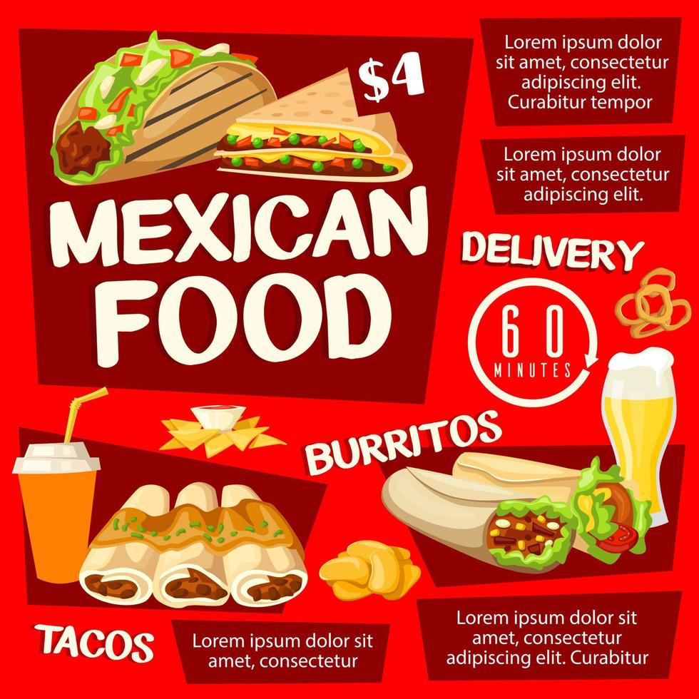 comida mexicana com taco, burrito e bebidas vetor